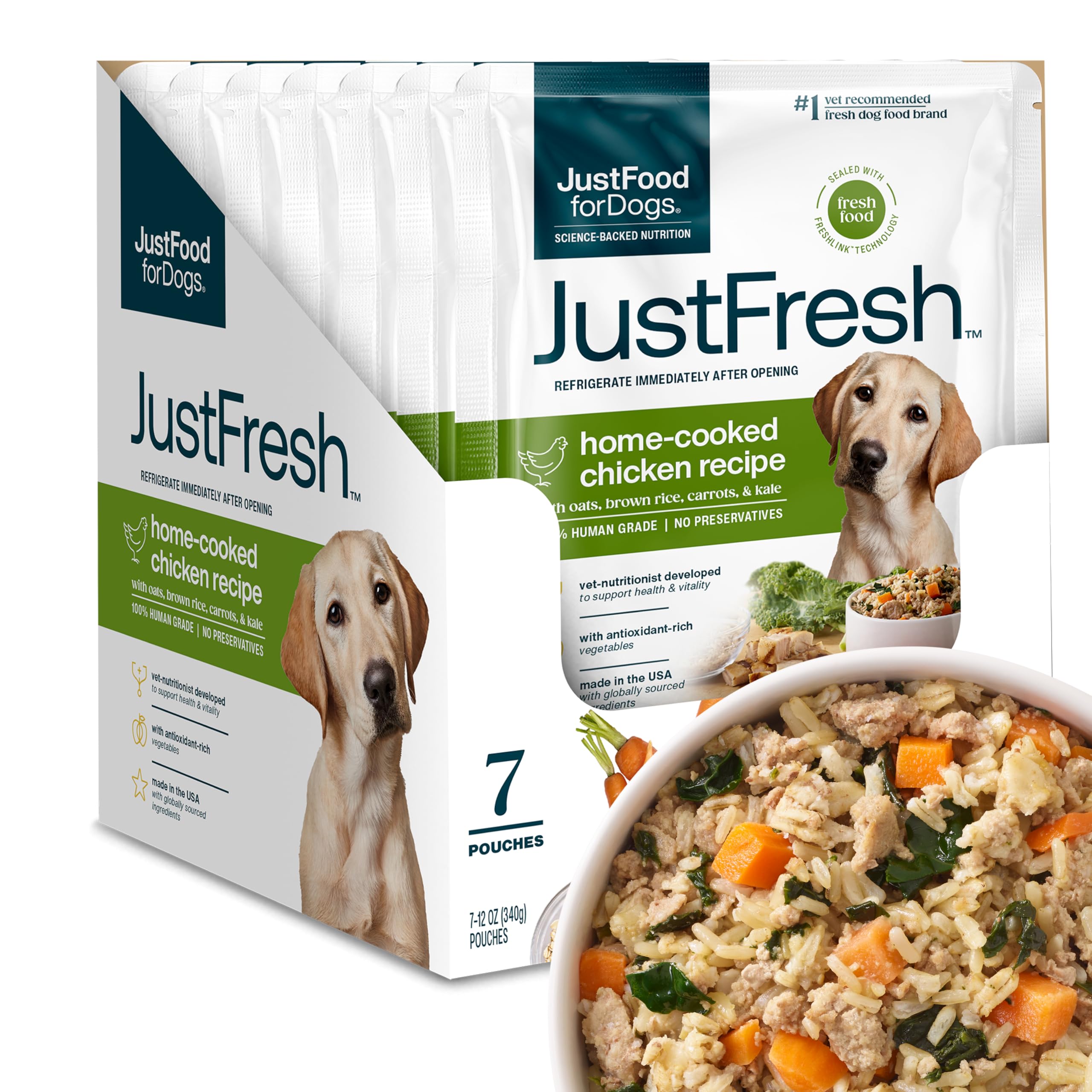 JustFoodForDogs JustFresh Home-Cooked Chicken Dog Food with No Preservatives, Resealable Packaging, Human Grade Wet Dog Food, 12 oz - 7 Pack