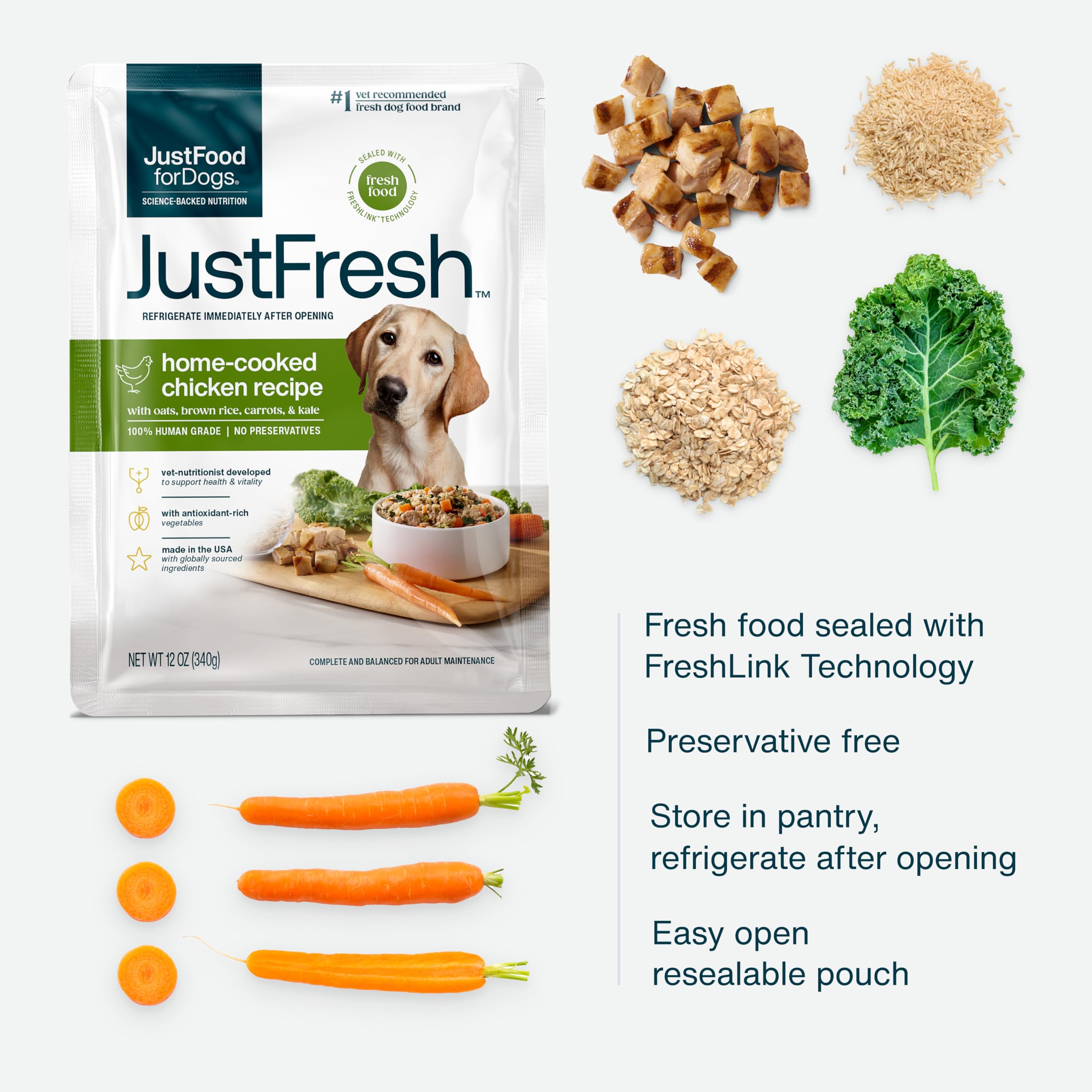 JustFoodForDogs JustFresh Home-Cooked Chicken Dog Food with No Preservatives, Resealable Packaging, Human Grade Wet Dog Food, 12 oz - 7 Pack - Image 3