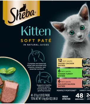 Sheba Perfect Portions Kitten Wet Cat Food Pate Chicken Entree, Salmon Entree, and Turkey Entree, 2.6 oz. Twin-Pack Trays (24 Count, 48 Servings)