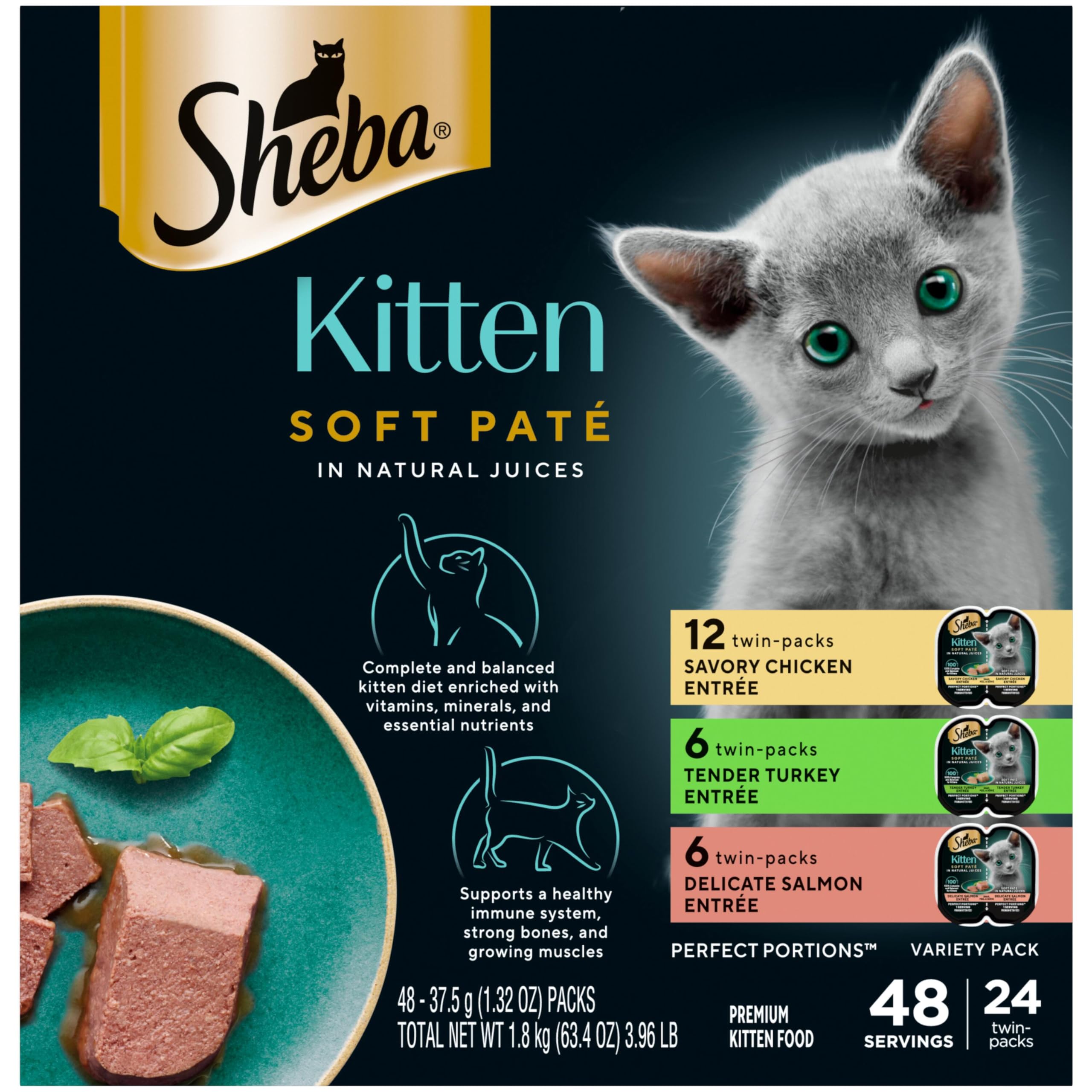 Sheba Perfect Portions Kitten Wet Cat Food Pate Chicken Entree, Salmon Entree, and Turkey Entree, 2.6 oz. Twin-Pack Trays (24 Count, 48 Servings)