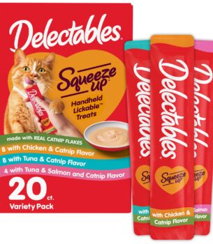Delectables Squeeze Up Catnip Variety Pack, Creamy Squeezable Puree, Lickable Wet Cat Treats, Grain Free, No Added Fillers, No by-Products, No Added Preservatives, 0.5 Ounces Tube, 20 Tubes Total