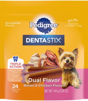 Pedigree Dentastix Dual Flavor Small Dog Dental Treats, Bacon & Chicken, 5.08 oz. Bag (24 Treats)