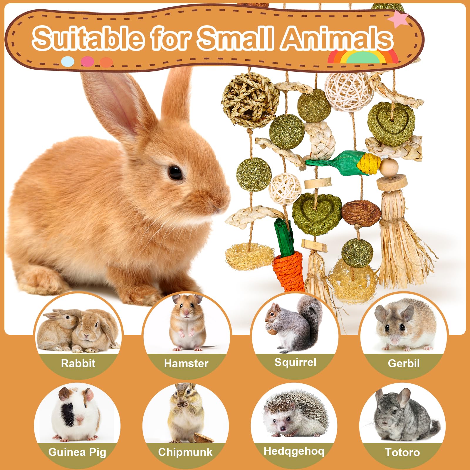 VESPRO Bunny Chew Toys, Rabbit Cage Hanging Chewing Toy and Treats Snack Ring, for Rabbits Chinchilla Guinea Pig Hamsters Grinding Teeth with Other Small Pets, Natural Materials Handwoven (5 Strings) - Image 5