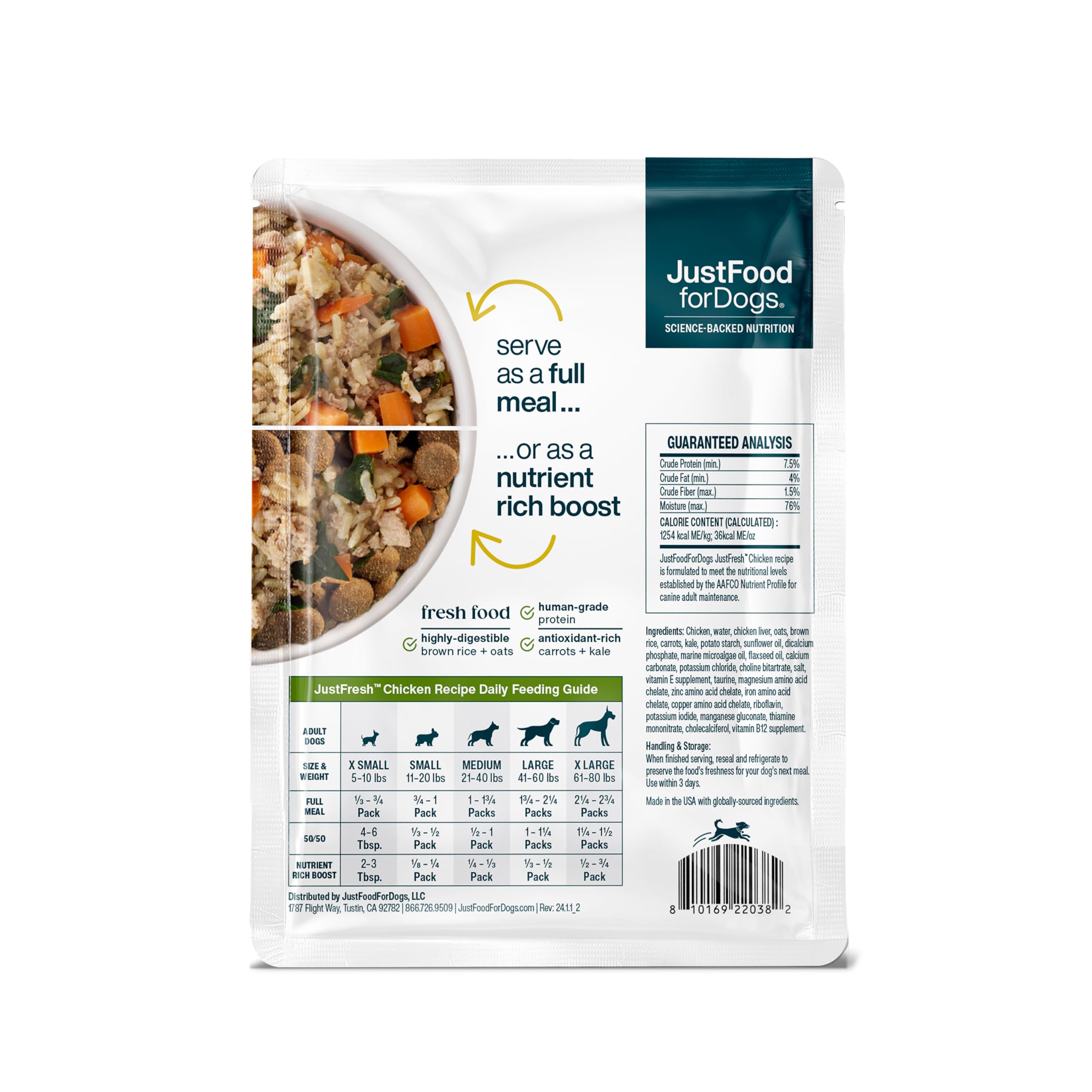 JustFoodForDogs JustFresh Home-Cooked Chicken Dog Food with No Preservatives, Resealable Packaging, Human Grade Wet Dog Food, 12 oz - 7 Pack - Image 4