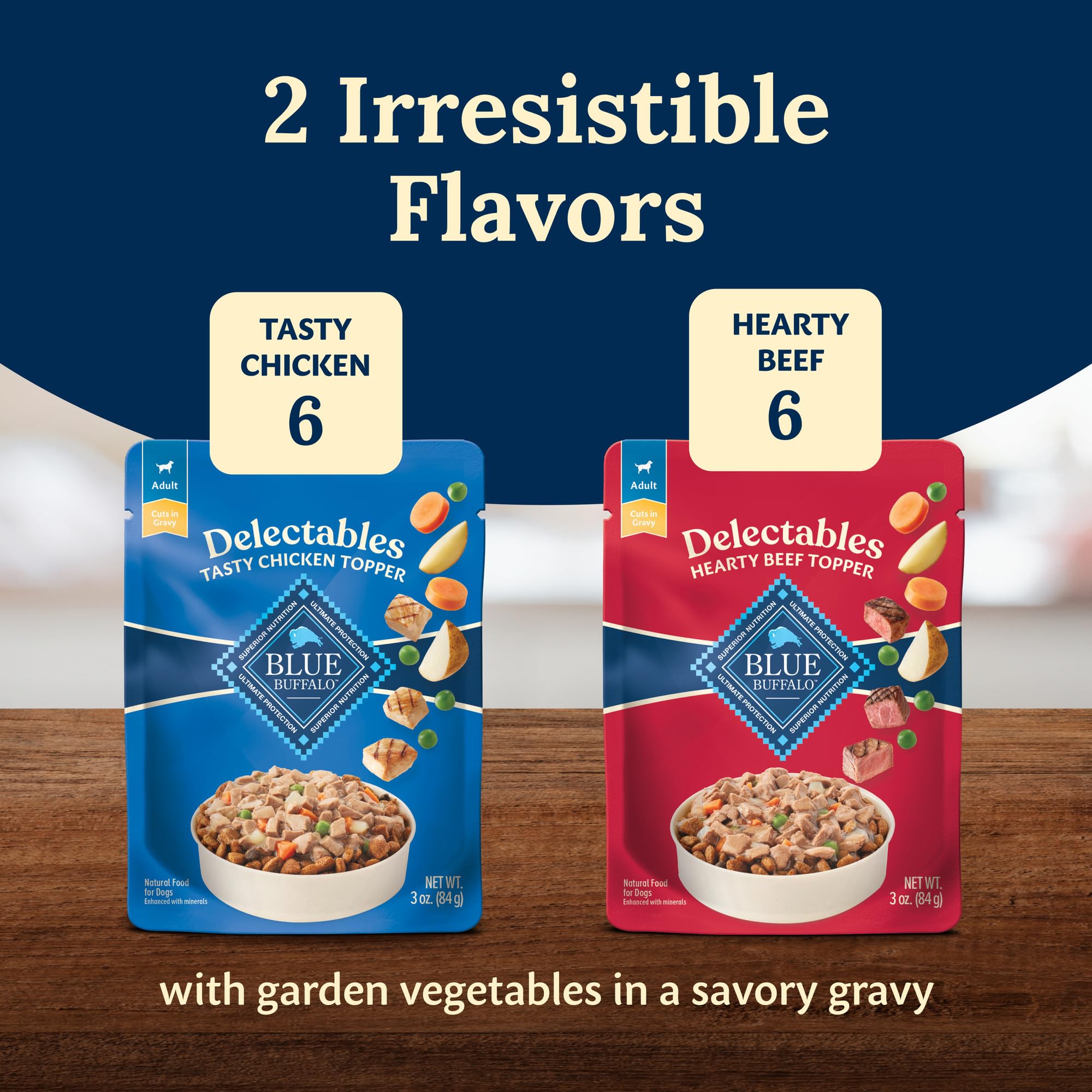 Blue Buffalo Delectables Natural Wet Dog Food Toppers Variety Pack, Tasty Chicken & Hearty Beef, Cuts in Gravy, 3-oz. (12 Pouches, 6 of Each Flavor) - Image 3