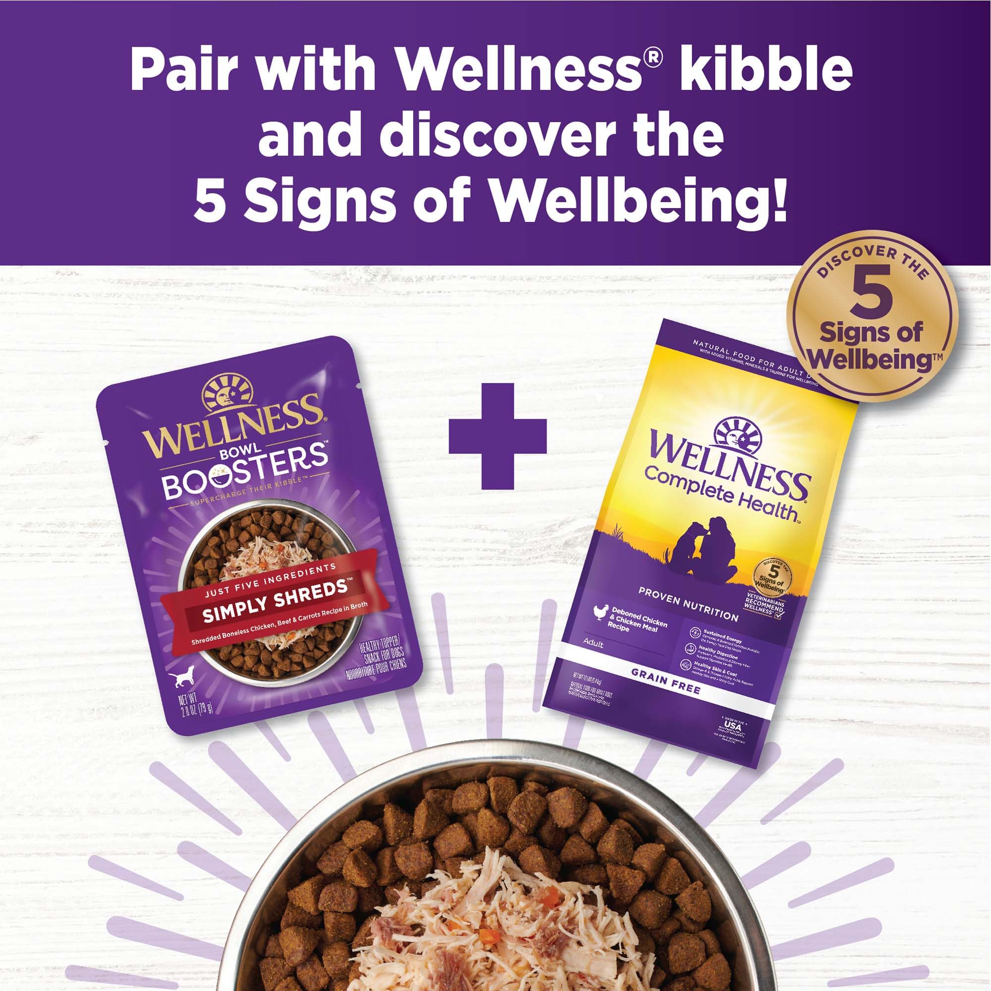Wellness Bowl Boosters Simply Shreds Wet Dog Food Topper for Small, Medium, & Large Breeds, Grain Free, Natural, Tuna, Beef & Carrots, 2.8 Ounce Pouch (Pack of 12) - Image 6