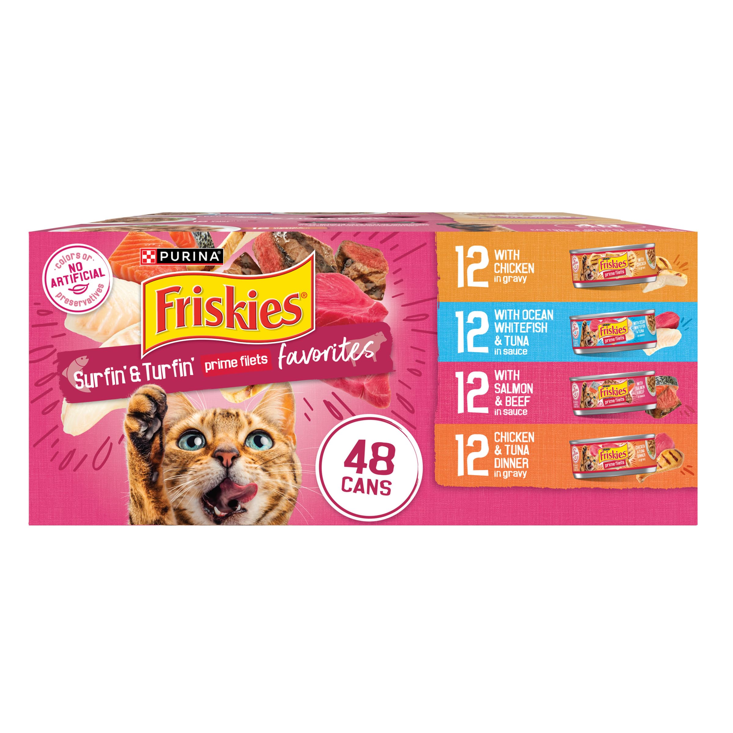 Purina Friskies Gravy Wet Cat Food Variety Pack, Surfin? and Turfin? Prime Filets Favorites - 48 ct. Can