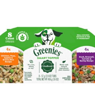 Greenies Smart Topper High Protein Wet Mix-in for Dogs, Chicken, Peas, Apples, and Brown Rice Recipe & Duck, Broccoli, Carrots and Barley Recipe Variety Pack with Whole Grains, 8 Trays of 2oz.