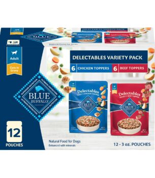 Blue Buffalo Delectables Natural Wet Dog Food Toppers Variety Pack, Tasty Chicken & Hearty Beef, Cuts in Gravy, 3-oz. (12 Pouches, 6 of Each Flavor)