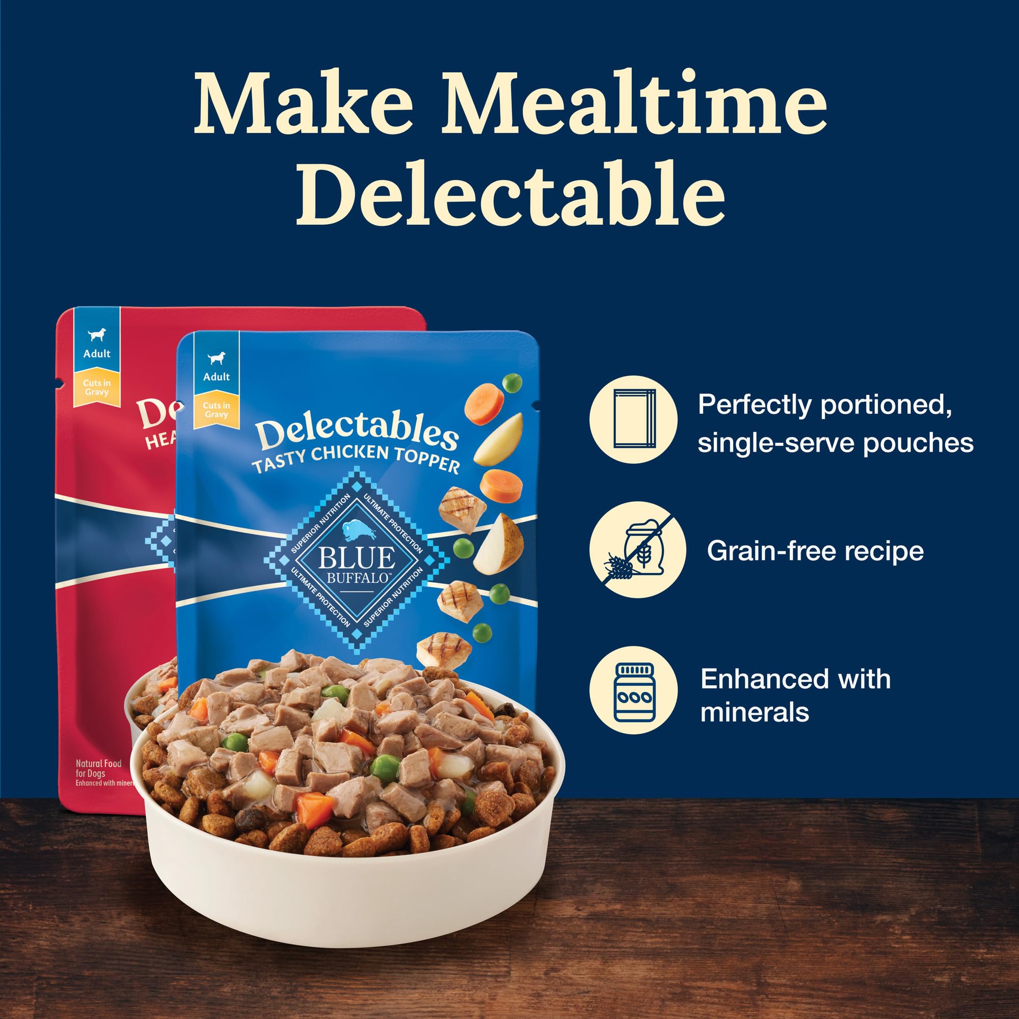 Blue Buffalo Delectables Natural Wet Dog Food Toppers Variety Pack, Tasty Chicken & Hearty Beef, Cuts in Gravy, 3-oz. (12 Pouches, 6 of Each Flavor) - Image 4