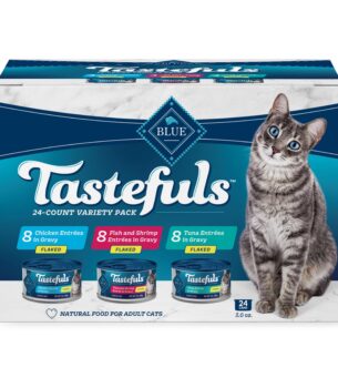 Blue Buffalo Tastefuls Flaked Wet Cat Food Variety Pack, Made with Natural Ingredients, Tuna, Chicken, Fish & Shrimp, 3-oz Cans (12 Count, 4 of Each)