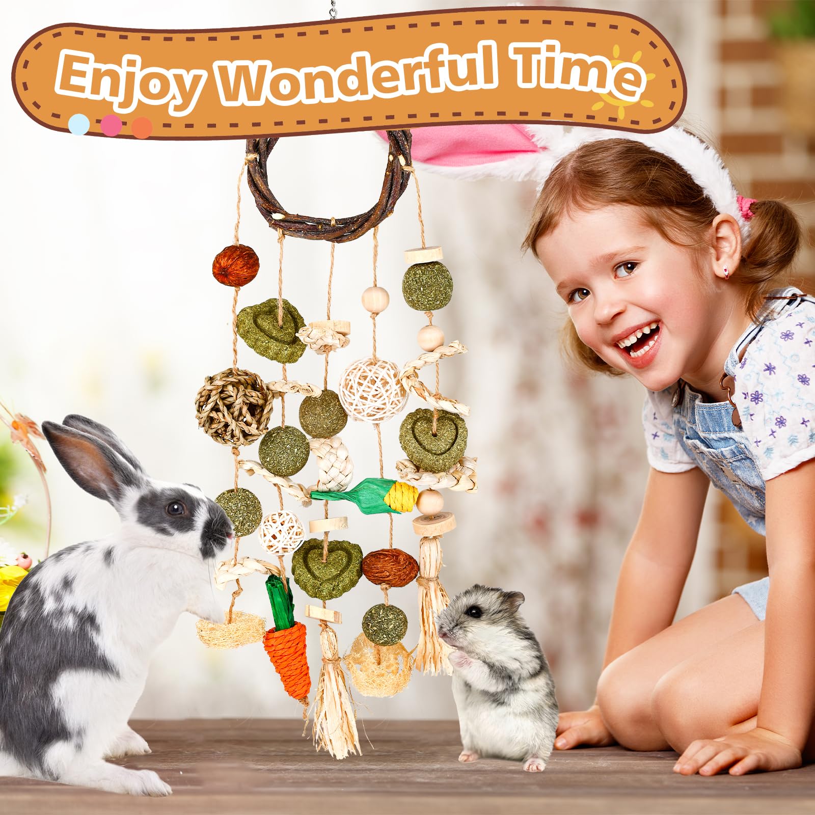VESPRO Bunny Chew Toys, Rabbit Cage Hanging Chewing Toy and Treats Snack Ring, for Rabbits Chinchilla Guinea Pig Hamsters Grinding Teeth with Other Small Pets, Natural Materials Handwoven (5 Strings) - Image 7