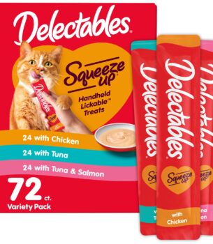 Delectables Squeeze Up Variety Pack, Creamy Squeezable Puree, Lickable Wet Cat Treats, Grain Free, No Added Fillers, No by-Products, No Added Preservatives, 0.5 Ounces Tube, 72 Tubes Total
