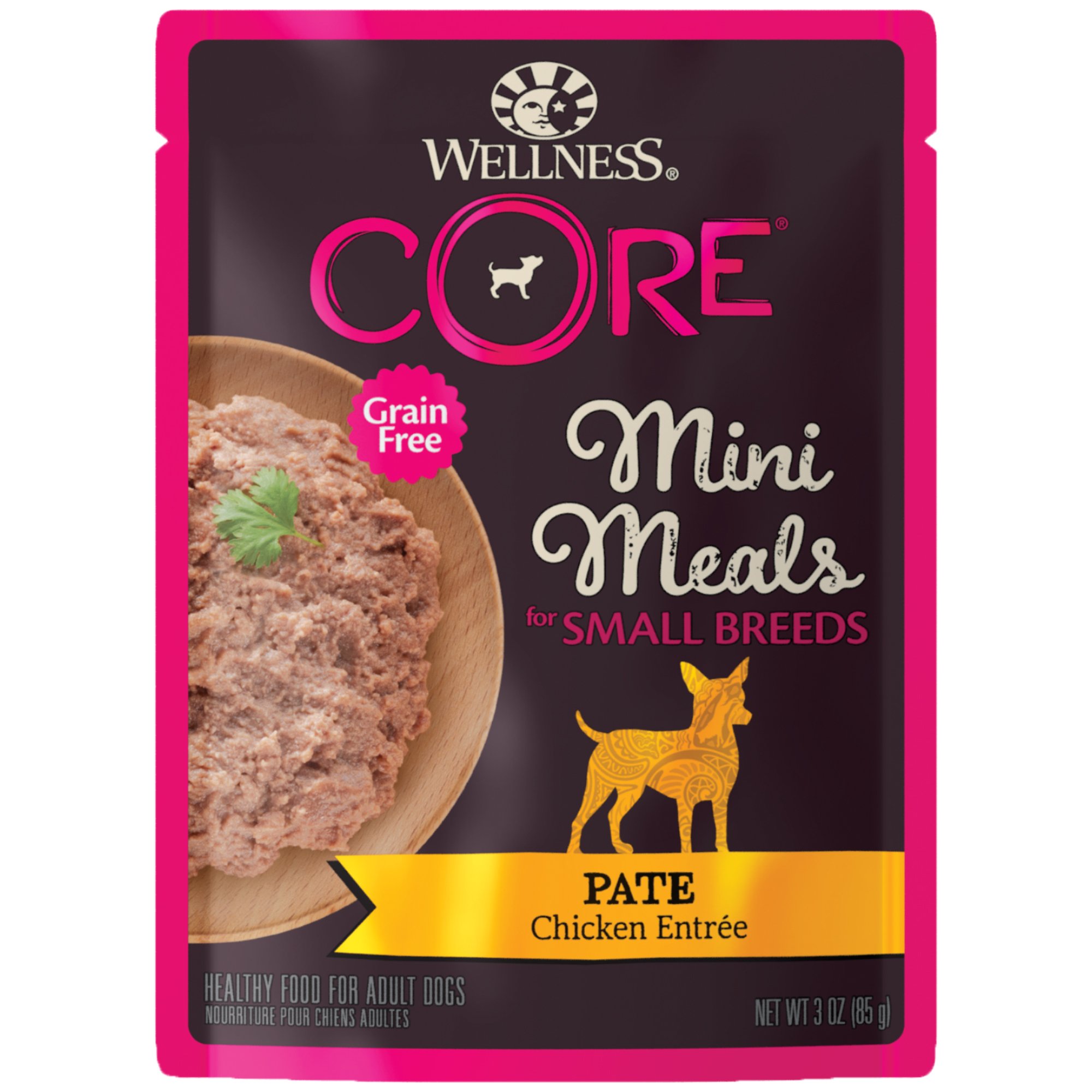 Wellness CORE Natural Grain Free Small Breed Mini Meals Wet Dog Food, Pate Chicken Entr?e, 3-Ounce Pouch (Pack of 12)