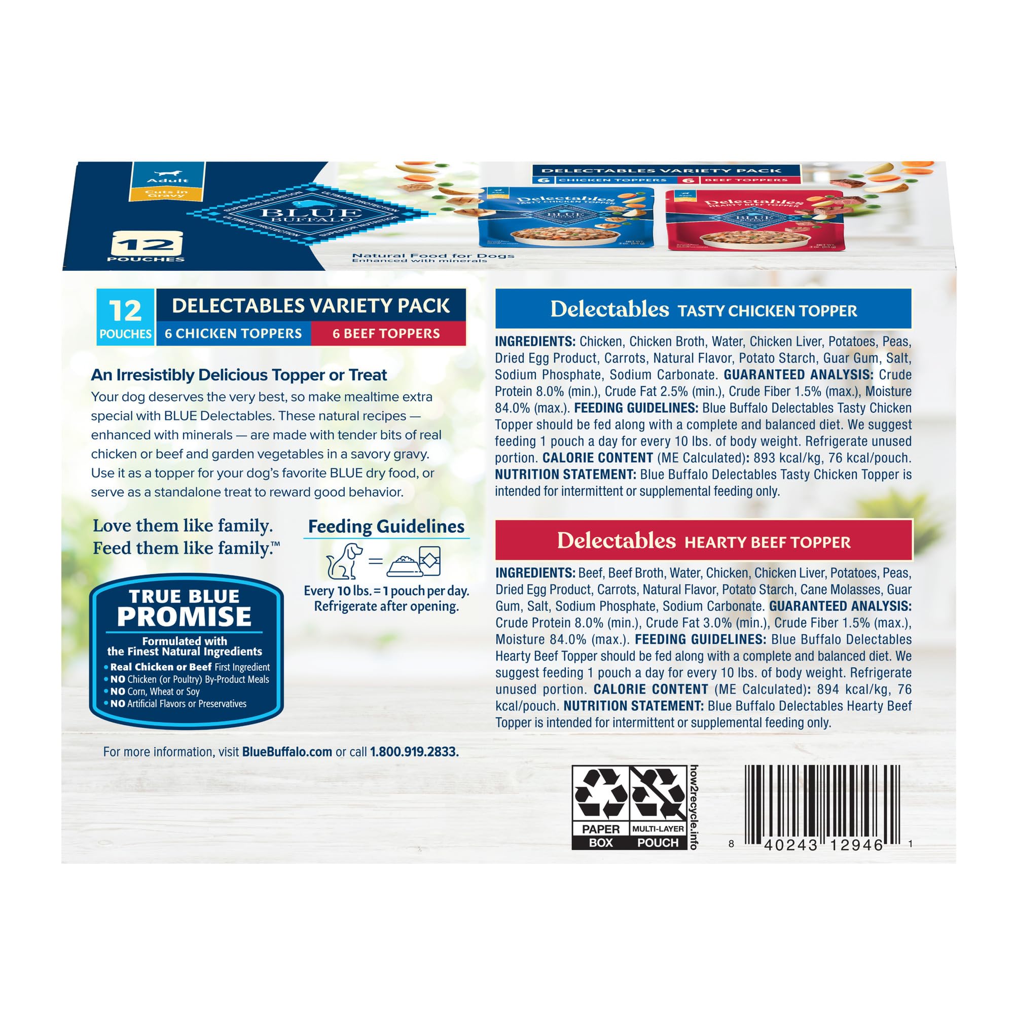 Blue Buffalo Delectables Natural Wet Dog Food Toppers Variety Pack, Tasty Chicken & Hearty Beef, Cuts in Gravy, 3-oz. (12 Pouches, 6 of Each Flavor) - Image 2