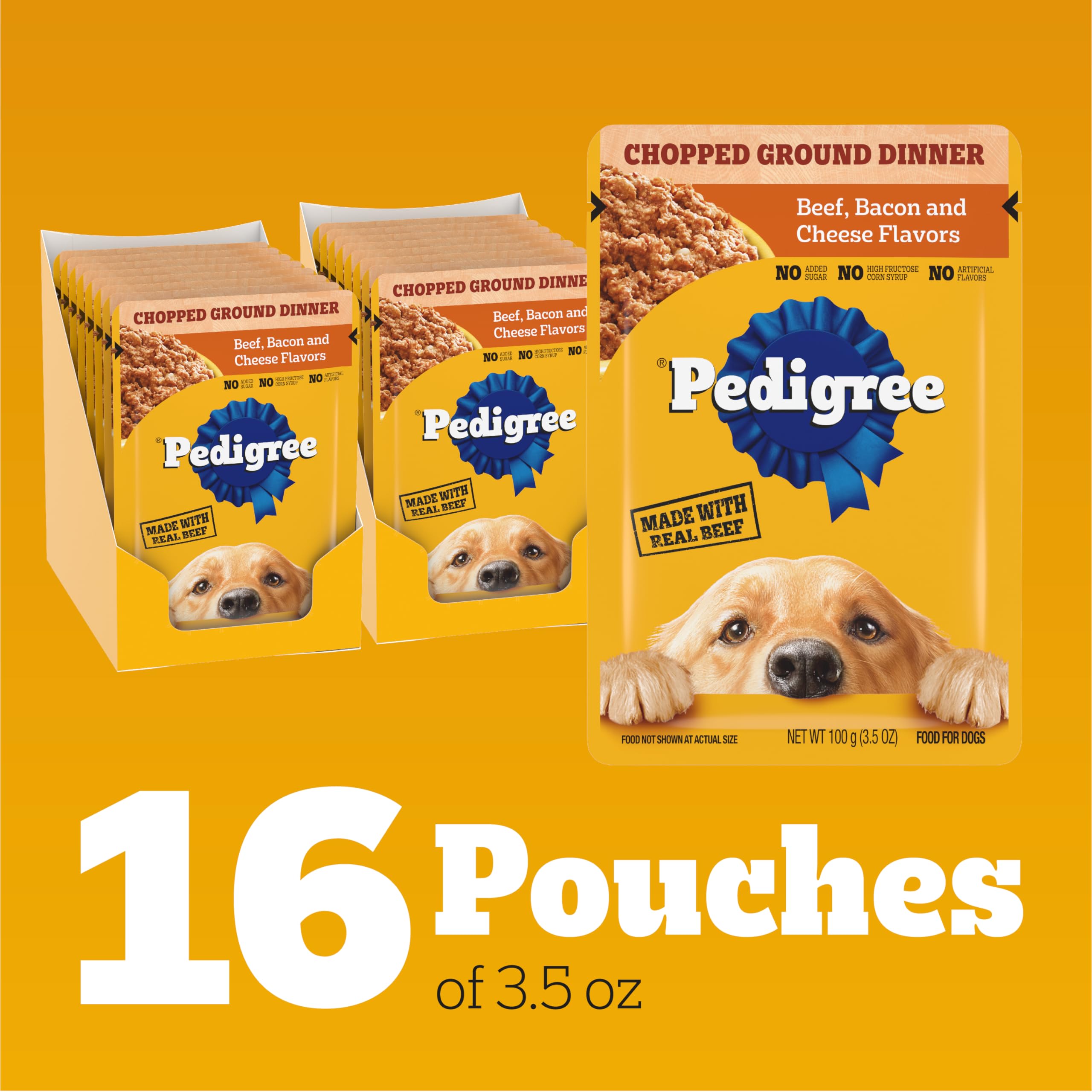 Pedigree Chopped Ground Dinner Adult Soft Wet Dog Food 16-Count Beef, Bacon and Cheese Flavors, 3.5 oz Pouches - Image 4