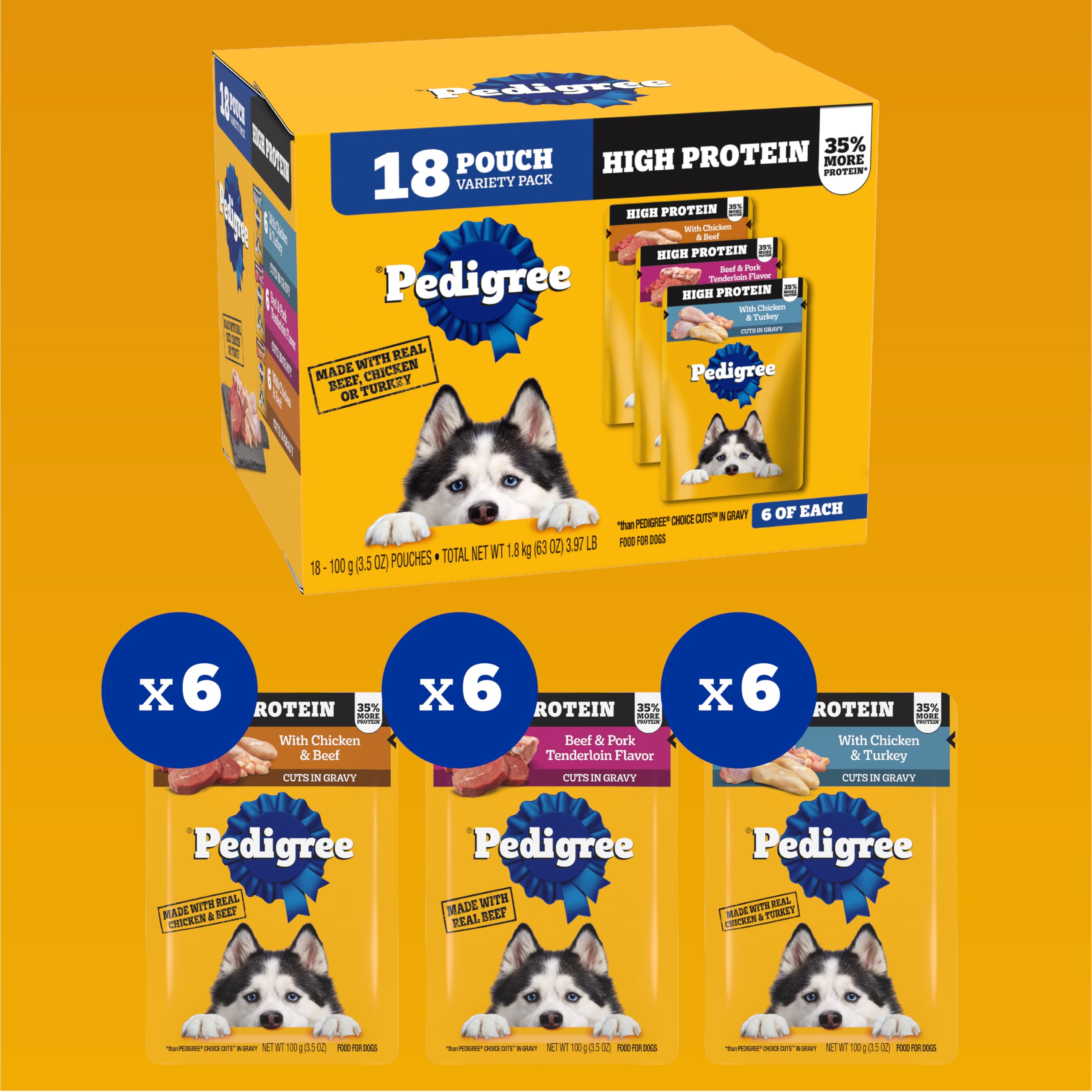 Pedigree High Protein Adult Soft Wet Dog Food Variety Pack, 3.5 oz. Pouches, 18 Count - Image 3