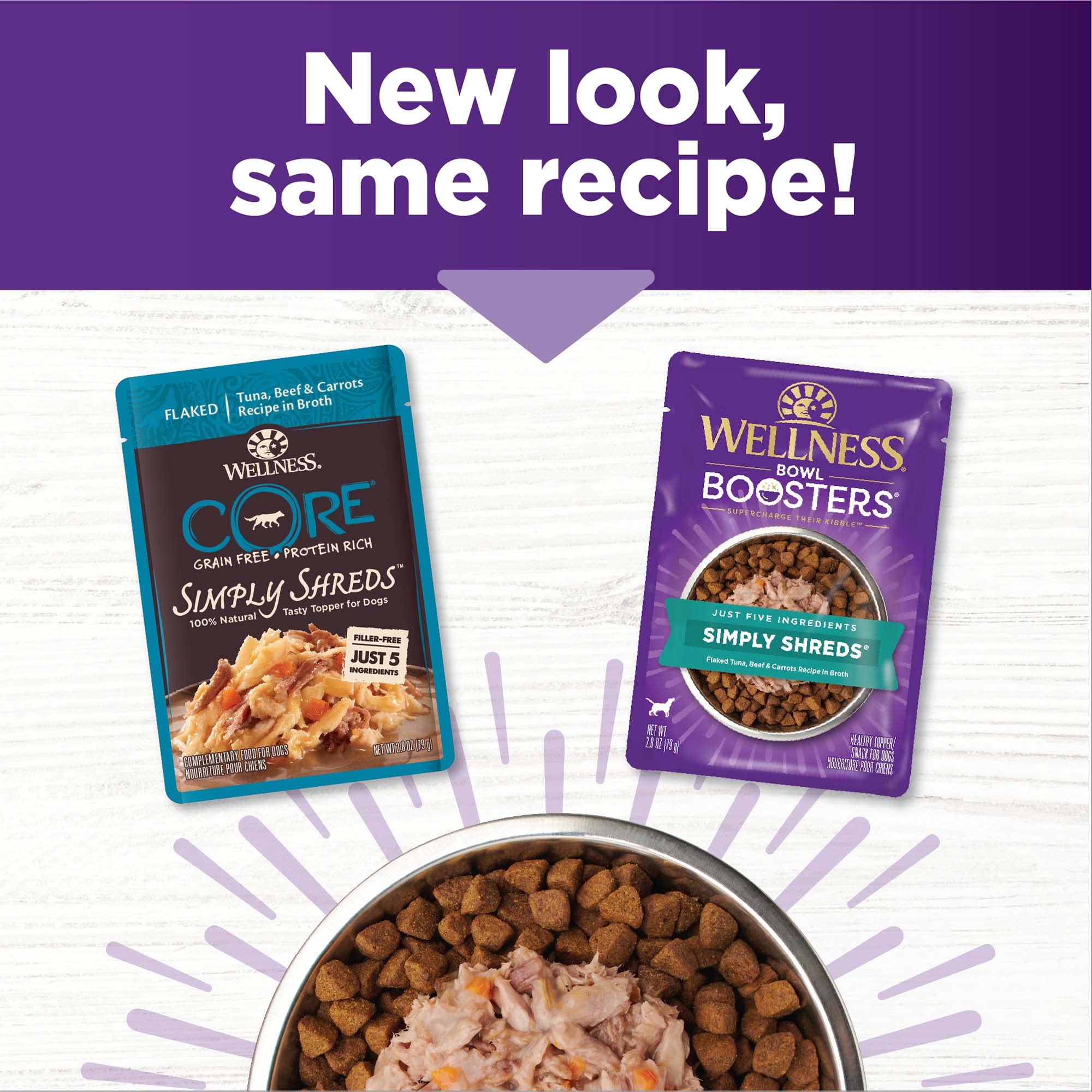 Wellness Bowl Boosters Simply Shreds Wet Dog Food Topper for Small, Medium, & Large Breeds, Grain Free, Natural, Tuna, Beef & Carrots, 2.8 Ounce Pouch (Pack of 12) - Image 3