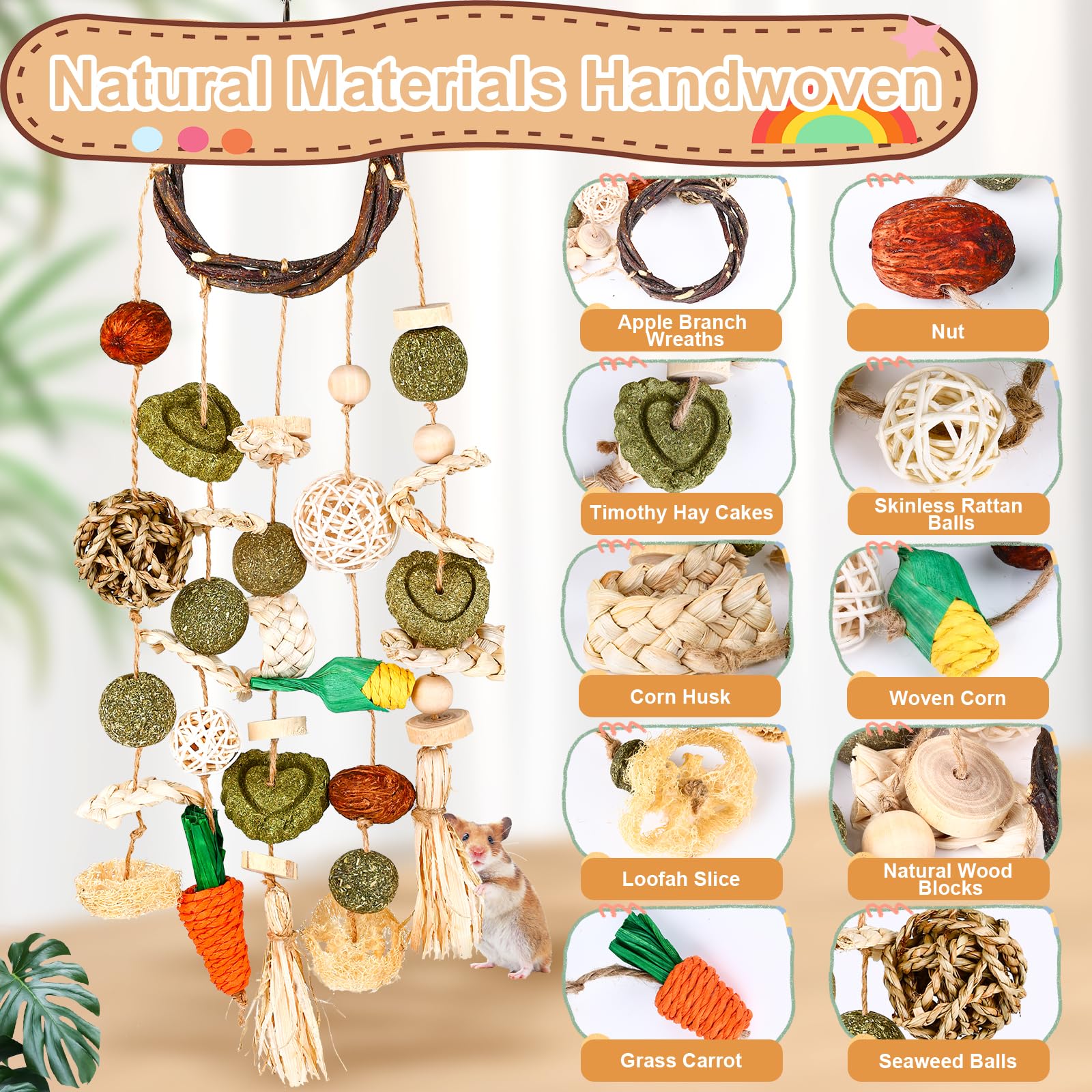 VESPRO Bunny Chew Toys, Rabbit Cage Hanging Chewing Toy and Treats Snack Ring, for Rabbits Chinchilla Guinea Pig Hamsters Grinding Teeth with Other Small Pets, Natural Materials Handwoven (5 Strings) - Image 2