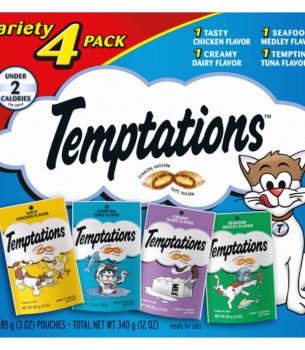 Temptations Classic Crunchy and Soft Cat Treats Feline Favorites Variety Pack, 3 oz. Pouches (Pack of 4)