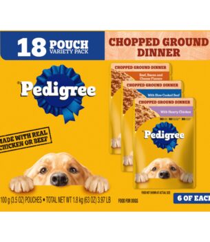 Pedigree Chopped Ground Dinner Adult Soft Wet Dog Food 18-Count Cheese Variety Pack, 3.5 oz. Pouches